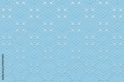 Ethnic blue background, banner, cover design, mural. Geometric embossed vintage pattern. Ornamental motifs of the East, Asia, India, Mexico, Aztec, and Peru. Tribal and folk traditions.