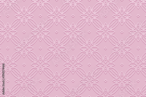 Ethnic pink background, banner, cover design, mural. Elegant geometric embossed pattern. Ornamental motifs of the East, Asia, India, Mexico, Aztec, and Peru. Tribal and folk traditions.


