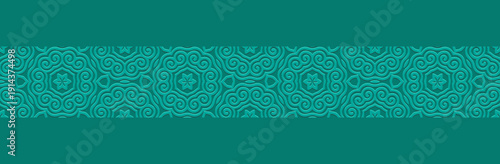 Banner, cover design, mural. Geometric artistic pattern, embossing. Turquoise background. Ornaments, arabesques, mandalas. Ethnic and tribal traditions of the East, Asia, India, Mexico, Aztecs, Peru.