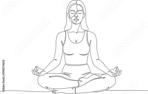 Serene young woman practicing meditation and yoga in a peaceful lotus position with eyes closed and a calm expression promoting relaxation and mindfulness.