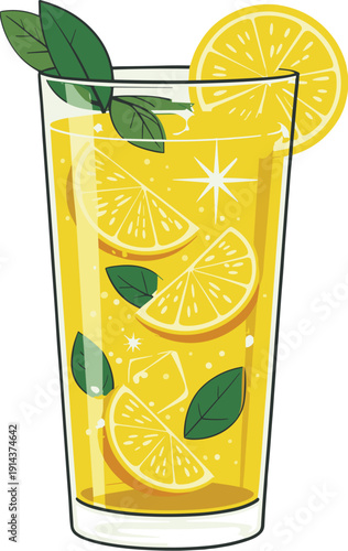 Glass of lemonade with lemon slices and mint leaves