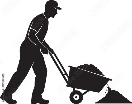 Construction worker pushing a wheelbarrow filled with dirt and gravel, silhouette illustration for labor and industry concepts