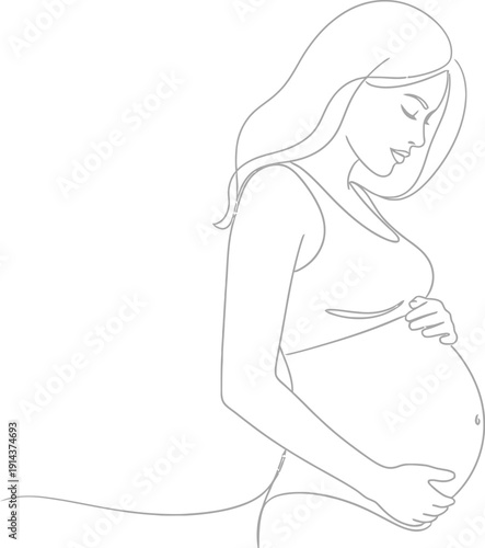 Serene pregnant woman gently cradles her belly in a simple black and white illustration showcasing maternal love and anticipation for her unborn baby.