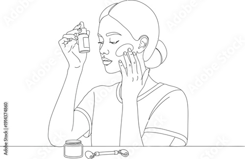 Serene woman applying facial serum with eyes closed for a relaxing skincare routine with beauty products on a table in a simple line art illustration.