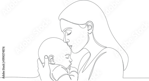 Mother gently kisses her baby's forehead in a tender moment of love and affection showcasing a heartwarming scene of motherhood and nurturing.