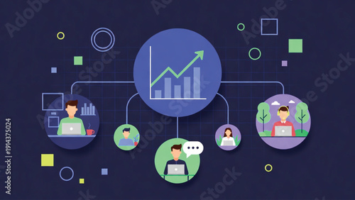 Business Connected network of people working remotely with data visualization