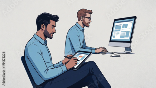 Business Two men working efficiently on computers and tablets in office