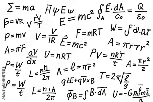 Scientific background with handwritten physics and math equations in black and white style, featuring mechanics, electromagnetism and thermodynamics formulas.