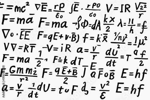 Black and white background with handwritten physics and math equations, featuring mechanics, electromagnetism and energy formulas for education design.