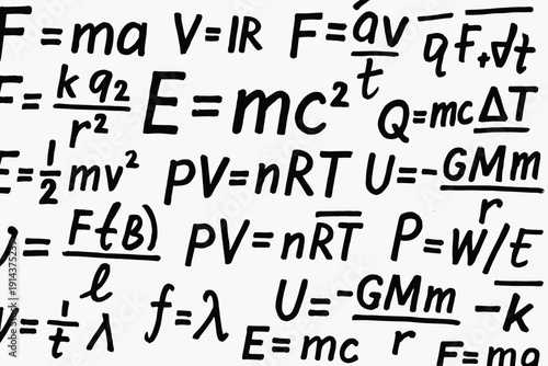 Handwritten physics and mathematics equations background in black and white style, featuring energy, force, thermodynamics and relativity formulas.