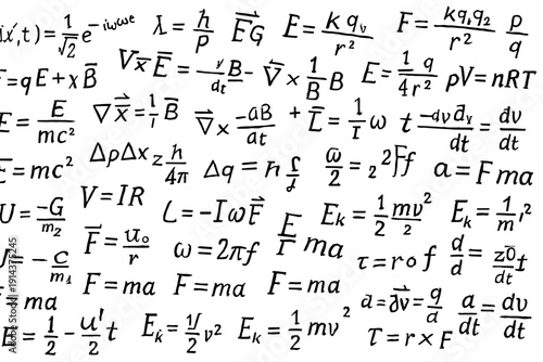 Physics and mathematics equations background in black and white handwritten style, featuring mechanics, electromagnetism and energy formulas.