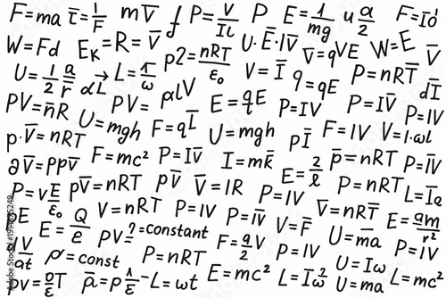 Physics formulas and scientific equations background in black and white handwritten style, featuring mechanics, thermodynamics and electricity symbols.