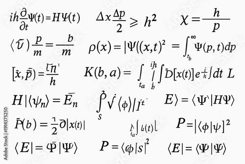 Quantum physics formulas and mathematical equations background in black and white style, featuring wave function, Schrödinger equation and symbols.