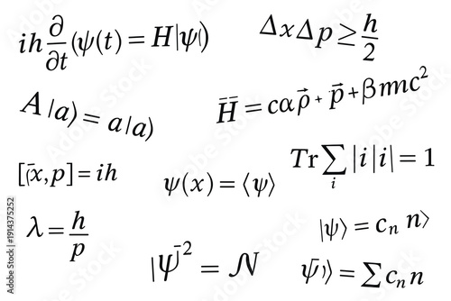 Handwritten quantum mechanics equations and physics formulas on white background featuring Schrödinger equation and uncertainty principle.