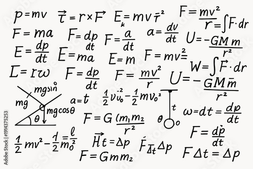 Handwritten classical mechanics equations and physics formulas with force, momentum and gravity symbols on white background for science education.