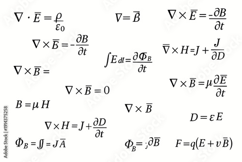 Handwritten Maxwell equations and electromagnetism formulas on white background with electric and magnetic field symbols for science study.