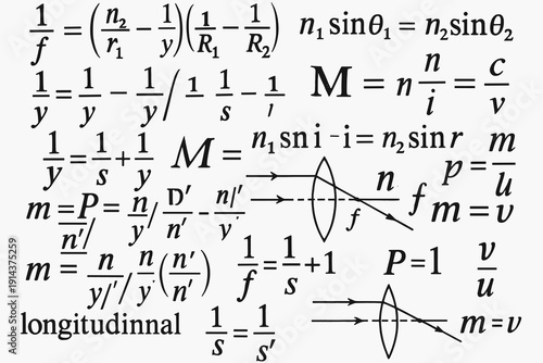 Handwritten optics equations and lens diagrams on white background featuring refraction formulas and magnification concepts for physics education.