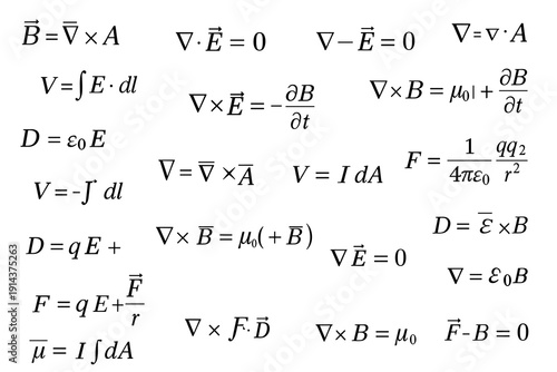 Handwritten electromagnetism equations and physics formulas on white background featuring Maxwell equations and electric field symbols.