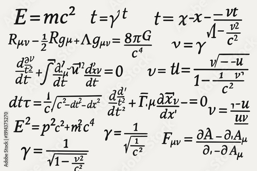Handwritten relativity and physics equations including E=mc² on white background, science and theoretical mathematics concept illustration.