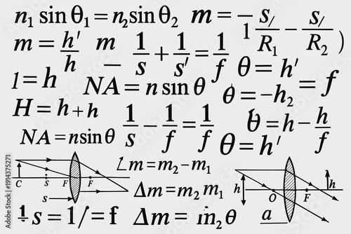 Handwritten optics formulas and lens diagrams with physics equations on white background, science education and mathematics concept illustration.