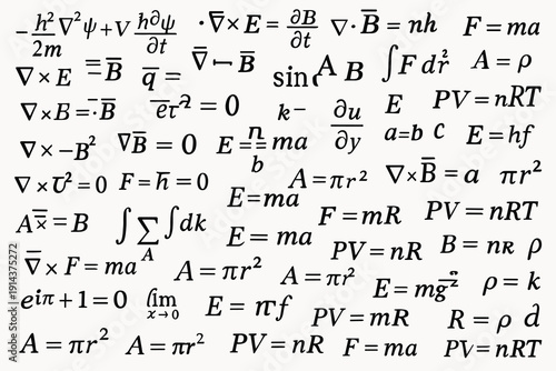 Handwritten physics and math equations background with scientific formulas, symbols and calculations on white surface for education concept.