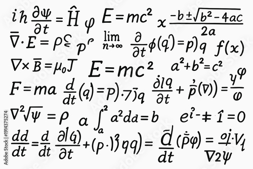 Handwritten physics equations and mathematical formulas on white background featuring E=mc² and scientific symbols for education and research concepts.