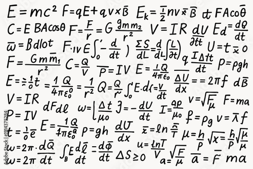 Handwritten physics and mathematics equations background with formulas, symbols and scientific calculations on white surface.