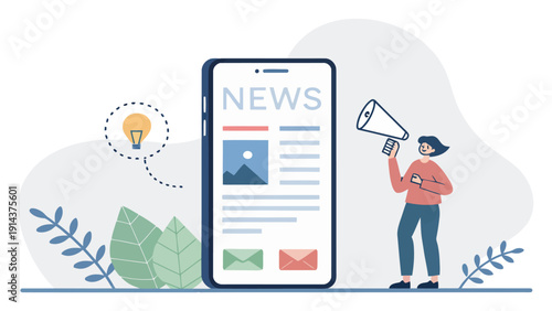 Person with megaphone announcing news on a smartphone screen with lightbulb, representing spreading information and ideas digitally.