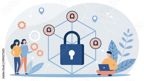 Team collaborating on cybersecurity with a large padlock and network diagram, illustrating data protection and online security.