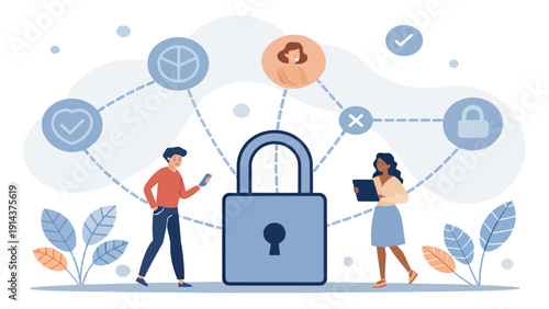 People interacting with a digital security lock and network, discussing online privacy and data protection in a connected world.
