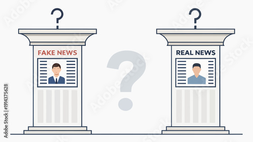 Concept of fake versus real news, contrasting misleading information with factual reporting presented on pillars, with question marks.