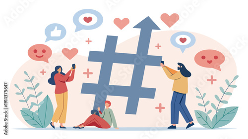 Diverse People Engaging with a Large Hashtag Symbol and Social Media Icons Representing Trending Topics, Online Community, and Viral Content Growth.