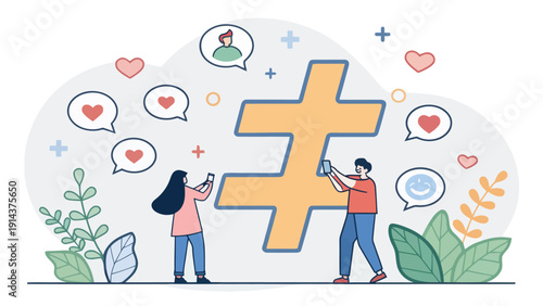 Two People Interacting with a Big Hashtag Symbol and Social Media Icons Illustrating Online Trending Topics and Digital Community Engagement.