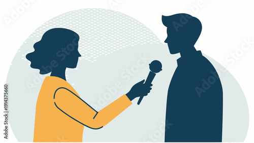 Journalist Reporter Interviewing a Person with a Microphone, Representing News Reporting, Media Communication, and Public Opinion Gathering.