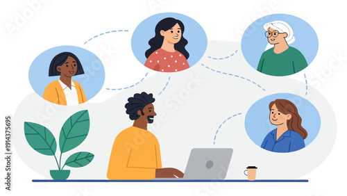 Diverse team collaborating remotely online with video calls and laptops, illustration of teamwork