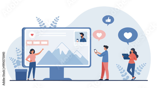 Diverse team working together on a large computer screen displaying social media content, engagement icons floating around, vector art