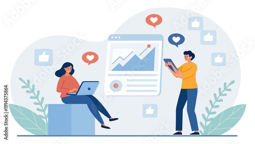 Two people using laptop and tablet for social media and online content, surrounded by engagement icons and a digital graph, vector illustration