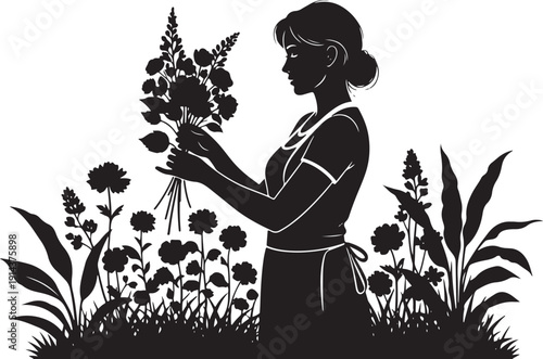 Woman gathering a bouquet of flowers in a garden, silhouette symbolizing floristry, beauty, and nature's bounty