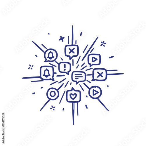 Notification icons explosion with smartphone silhouette representing information overload and social media marketing trends