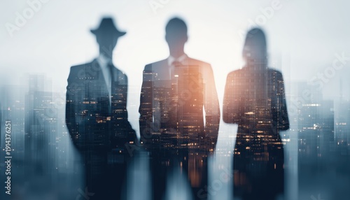 Wallpaper Mural Confident Managers Silhouetted In Abstract Cityscape With Team: Symbolizing Leadership In International Business. Toned Image With Double Exposure. Torontodigital.ca