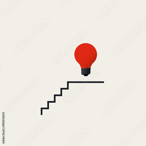 This creative business idea concept features a red lightbulb floating above stairs representing ambition and success in a minimal vector illustration concept.