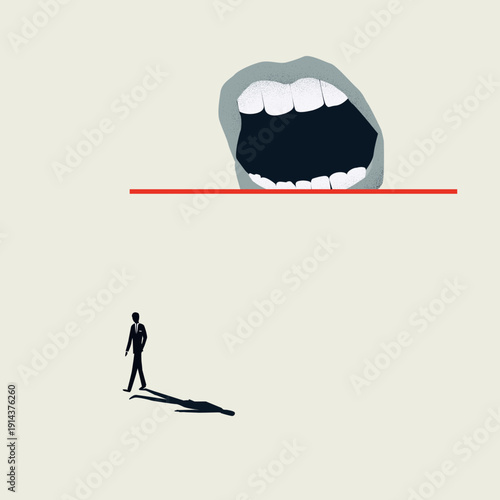 A professional man in a suit walks toward a massive shouting mouth and a red line, symbolizing corporate risk, verbal threats, and the dangers of business communication. Eps10 vector illustration