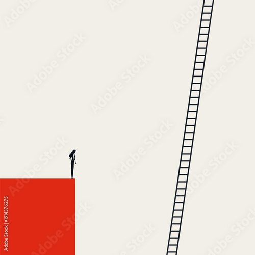 This business woman career challenge concept features a ladder and steps symbolizing a corporate obstacle and inequality in a minimal vector illustration concept.