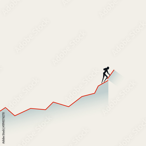 This business woman building growth investment portfolio shows a woman climbing an upward chart graph in a vector concept minimal minimalist illustration symbol.