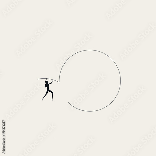 This business woman get inside circle concept features a female silhouette jumping into a ring for opportunity and insider access in a minimal vector illustration concept symbol.