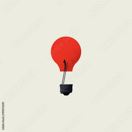 This business creativity concept features a woman climbing a ladder to reach a red light bulb symbolizing innovation and new ideas in a minimal vector illustration concept symbol.