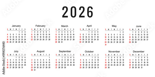 Calendar 2026, calendar week start on Sunday - stock vector