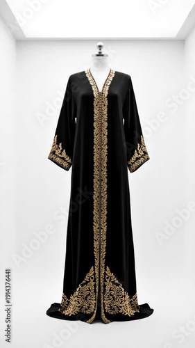 A white abaya transforms into an elegant black gown. Intricate gold embroidery adorns the sleeves, front, and hem.