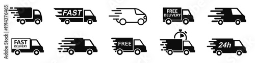 Fast shipping delivery truck icon set, free delivery sign, free and express 24 hours shipping service icon, shipment fast van pack, courier transport, distribution and logistic