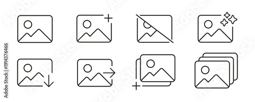 Gallery thin line icon set, album sign, image symbol, photo icons, download, viewing, deleting, send, improve and adding picture signs, editable stroke